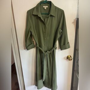 Petite khaki green dress with silver buttons + 3/4 sleeves